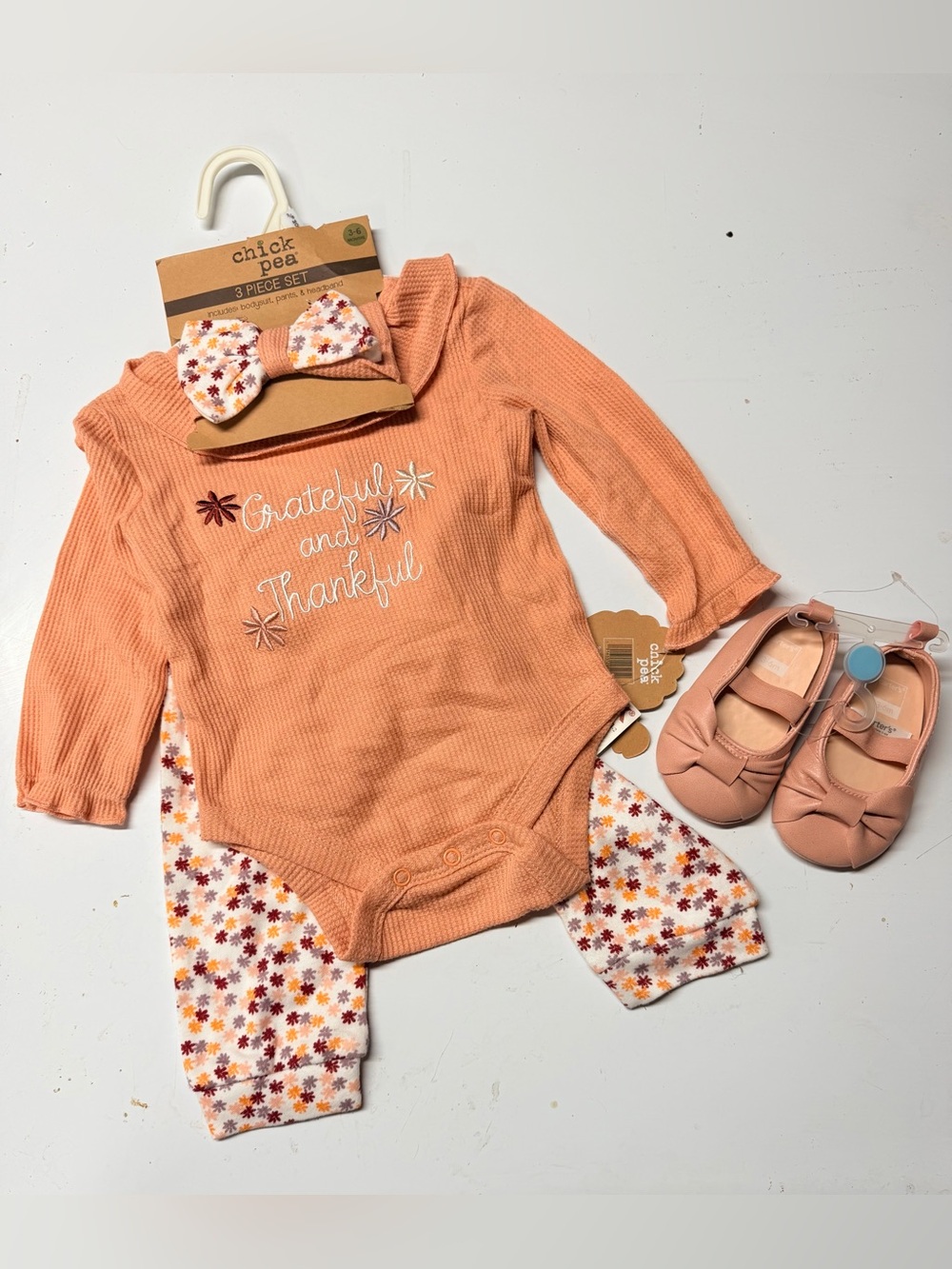 chick pea Peach Ribbed One-Piece Set with Floral Pants & Bow